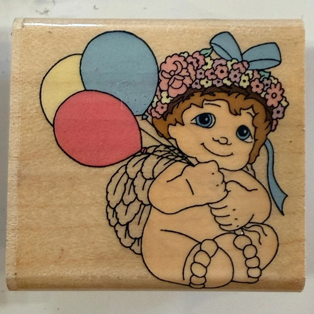Precious Moments Rubber‎ Stamp Set Cherub Angel Moon Star Wood Tan Rubber